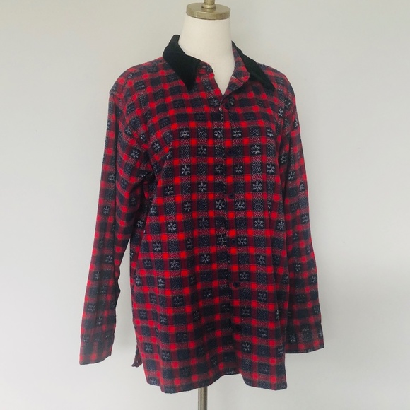 Red Black Plaid Shirt Large Black Corduroy Collar Basic Editions Holiday - Picture 1 of 8